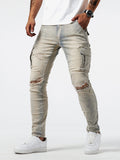 kkboxly  Slim Fit Multi Pocket Jeans, Men's Casual Street Style High Stretch Denim Cargo Pants