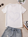 kkboxly  Heart Graphic Print Casual T-Shirt, Crew Neck Short Sleeve Top For Summer & Spring, Women's Clothing