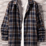 kkboxly  Men's Plaid Button Up Loose Trendy Comfy Long Sleeve Shirt For Summer Autumn, Mens Clothing