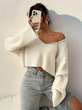 kkboxly  Solid V Neck Knit Sweater, Casual Long Sleeve Pullover Sweater, Women's Clothing