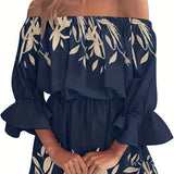 Kkboxly  Boho Leaf Graphic Print Off Shoulder Dress, Sexy Backless Ruffle Sleeve Dress For Spring & Summer, Women's Clothing