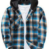 kkboxly  Drawstring Hooded Flannel Shirt, Men's Casual Various Colors Plaid Button Up Shirt For Spring Summer