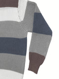 kkboxly  Crew Neck Retro Knitted Sweater, Men's Casual Warm Striped Slightly Stretch Pullover Sweater For Fall Winter