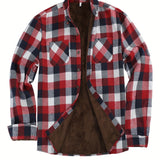 kkboxly  Men's Warm Fleece Plaid Shirt Coat, Casual Retro Lapel Button Up Chest Pocket Jacket For Fall Winter