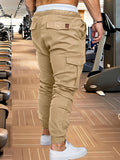 kkboxly  Cotton Blend Solid Color Multi Flap Pockets Men's Joggers Cargo Pants, Loose Casual Outdoor Pants, Men's Work Pants