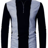 kkboxly Polka Dot Print Men's Color Block Casual Long Sleeve Lapel Shirt, Spring Fall