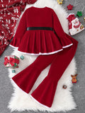 Christmas Set Girls Long Sleeve Peplum Top With Belt + Bell-Bottom Pants Set Holiday Christmas Gift, perfect for  outdoor santa parties