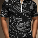 kkboxly Fashion Men's Geometric Print Short Sleeve Zipper Lapel Shirt, Men's Comfortable Slim Top, Summer Clothing