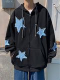 kkboxly  Men's Stylish Loose Stars Pattern Hoodie With Pockets, Casual Mid Stretch Breathable Zip Up Long Sleeve Hooded Sweatshirt For City Walk Street Hanging Outdoor Activities