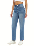 kkboxly  Loose Fit Washed Straight Jeans, Slant Pockets Non-Stretch Denim Pants, Women's Denim Jeans & Clothing