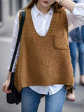 kkboxly  Solid V Neck Knitted Vest, Casual Dipped Hem Sleeve Pocket Sweater Vest, Women's Clothing