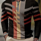 Geometric Print Men's Fashion Long Sleeve Zipper Lapel Shirt, Comfy Male Shirt For Spring Fall