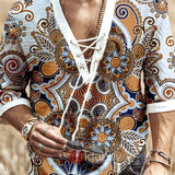 Men's Bohemian Pattern Shirt Top V Neck Lace Up Collar 3/4 Sleeves Closure Regular Fit Male Casual Shirt For Daily Beach Resorts