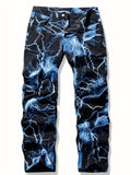 kkboxly  Straight Leg Lightning Pattern Dye Jeans, Men's Casual Street Style Loose Fit Denim Pants For Spring Summer