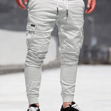 kkboxly  Solid Multi Flap Pockets Men's Drawstring Cargo Pants, Slim Fit Elastic Casual Outdoor Pants, Men's Work Pants