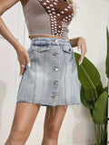 Single-breasted Button Fly Exposed Stitching Seam Denim Skirt, High Waist Light Wash Frayed Hem A-line Mini Denim Skirt, Women's Denim Jeans & Clothing