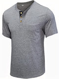 kkboxly  Breathable Solid Color Henley Shirt, Men's Casual V-Neck Pullover T-Shirt Short Sleeve For Summer, Men's Clothing