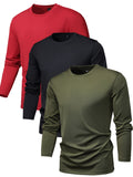 kkboxly 3Pcs Men's Crew Neck Long Sleeve Active T-shirt Tee, Casual Comfy Shirts For Spring Summer Autumn, Men's Clothing Tops