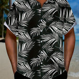 kkboxly  Casual Tropical Leaf Non-positioning Pattern Short Sleeve Shirt With Chest Pocket, Men's Hawaiian Shirt For Summer Vacation Resort