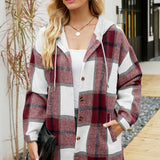 kkboxly  Plaid Print Hooded Shirt, Casual Drawstring Long Sleeve Shirt, Women's Clothing