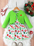 Girls' 2pcs Christmas Outfit Set: Cozy Knit Ruffle Heart Long Sleeve Cardigan & Festive Balloon Print Dress - Machine Washable, Perfect for Outdoor