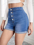 Dark Blue Rolled Hem Denim Shorts, Slin Fit High Waist Single-Breasted Button High-Stretch Short Denim Pants, Women's Denim Jeans & Clothing