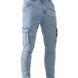 kkboxly  Men's Multi Pocket Jeans, Casual Street Style Medium Stretch Denim Pants