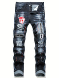 kkboxly  Patch Splatter Ripped Jeans, Men's Casual Street Style Distressed Slim Fit High Stretch Denim Pants For Spring Summer