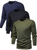 kkboxly 3Pcs Men's Crew Neck Long Sleeve Active T-shirt Tee, Casual Comfy Shirts For Spring Summer Autumn, Men's Clothing Tops