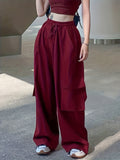 kkboxly  Y2K Drawstring Baggy Pants, Elastic Waist Long Length Pants With Pockets, Women's Clothing