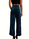 Solid Velvet Wide Leg Pants, Vintage Elastic High Waist Comfy Pants, Women's Clothing