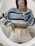 kkboxly  Color Block Striped Knit Sweater, Casual Crew Neck Long Sleeve Sweater, Women's Clothing