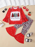 Christmas Outfits Girls Sweet Sets 2pcs, Tie Dye Pullover + Splicing Leopard Print Flare Pants Kids Gift Birthday, Outdoor Casual Activities