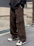 kkboxly  Trendy Solid Cargo Pants, Men's Multi Flap Pocket Trousers, Loose Casual Outdoor Pants, Men's Work Pants Outdoors Streetwear Hip Hop Style