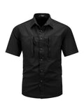 kkboxly  Trendy Solid Print Men's Casual Short Sleeve Cotton Shirt With Pockets, Men's Shirt For Summer, Tops For Men