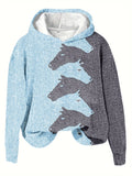 kkboxly  Color Block Horse Print Pullover Hoodie, Casual Long Sleeve Hoodie Sweatshirt, Women's Clothing