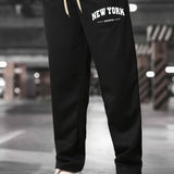 kkboxly  NEW YORK Print Drawstring Sweatpants Loose Fit Pants Men's Casual Joggers For Men Winter Fall Running Jogging