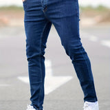 Slim Fit Cotton Jeans, Men's Casual Solid Color Mid Stretch Denim Pants For Spring Summer