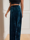 Solid Velvet Wide Leg Pants, Vintage Elastic High Waist Comfy Pants, Women's Clothing