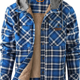 kkboxly  100% Cotton Classic Plaid Men's Hooded Jacket Fleece Lined Casual Long Sleeve Sherpa Lined Hoodies Hooded Shirt Coat For Autumn Winter