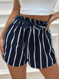 kkboxly  Ruffle Trim Tie Waist Shorts, Casual Striped Print Wide Leg Summer Shorts, Women's Clothing