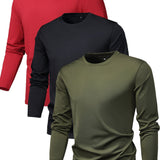 kkboxly 3Pcs Men's Crew Neck Long Sleeve Active T-shirt Tee, Casual Comfy Shirts For Spring Summer Autumn, Men's Clothing Tops