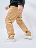 Plain Khaki Loose Fit Jeans, Men's Casual Street Style Mid Stretch Denim Pants For Spring Summer