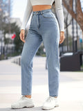 High Rise Light Wash Blue Mom Jeans, Zipper Button Closure Slash Pocket Solid Color Casual Denim Pants, Women's Denim Jeans & Clothing