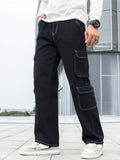 Multi Pocket Wide Leg Jeans, Men's Casual Street Style Loose Fit Cargo Denim Pants For All Seasons