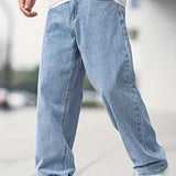 kkboxly  Loose Fit Wide Leg Jeans, Men's Casual Street Style Denim Pants For All Seasons