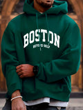 kkboxly Plus Size Men's "BOSTON" Print Hooded Sweatshirt Oversized Hoodies Fashion Casual Tops For Spring/autumn, Men's Clothing