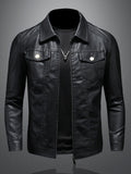 kkboxly  Men's Faux Leather Windbreaker Plain Black Zipper Long Sleeve PU Jacket For Motorcycle