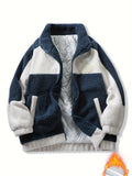 kkboxly  Warm Plush Fleece Jacket, Men's Casual Color Block Stand Collar Jacket Coat For Fall Winter