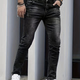 kkboxly Chic Slim Fit Jeans, Men's Casual Street Style Distressed Stretch Denim Pants With Pockets